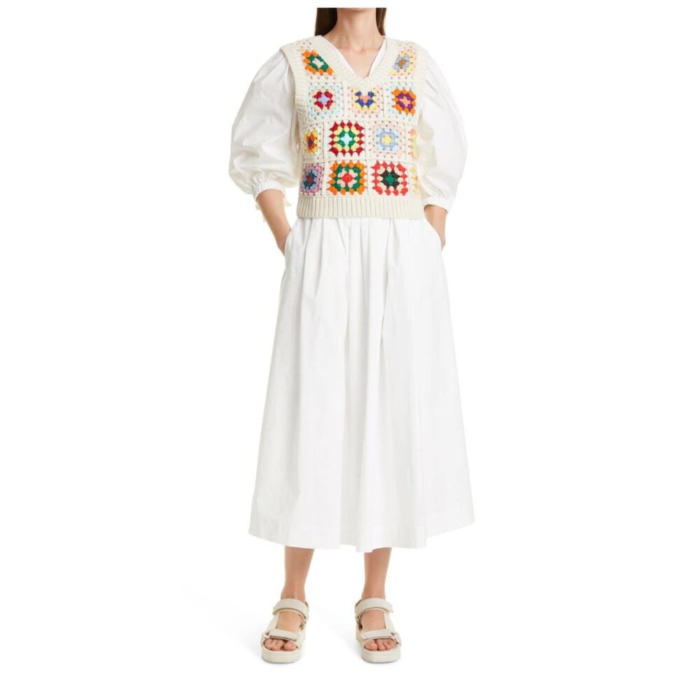 Sea NY Gabriela Crochet Vest Maxi Dress Womens Small White V-Neck 3/4 Sleeve